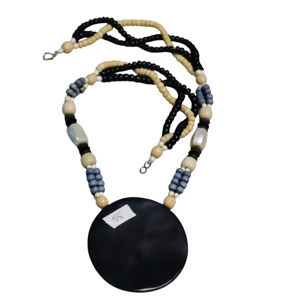 Vintage Blue Beige Mother of Pearl Pendant on Beaded Statement Necklace